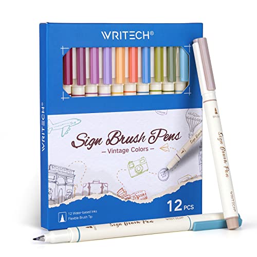 WRITECH Arts Sign Brush Pen Brush Tip Marker Felt Tip Water Based Ink Color Pens 12 Assorted Vintage Colors Great for Lettering Journaling Calligraphy (Vintage) - color: Vintage