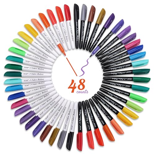 SELEAD 48 Fabric Markers Permanent for Clothes - Assorted Colors Fine & Brush Tips Non Toxic Art Drawing Marker Pens Set for T-Shirts, Bags, Tote, Canvas - size: 48 Count (Pack of 1)