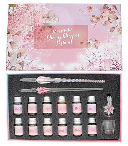 XIAOYU Glass Dip Pen Ink Set, 16 Pieces Calligraphy Pens Set - 12 Colorful Inks, Pen Holder, Cleaning Cup, 2 Crystal Glass Pens for Writing, Signature - Pink - color: Pink