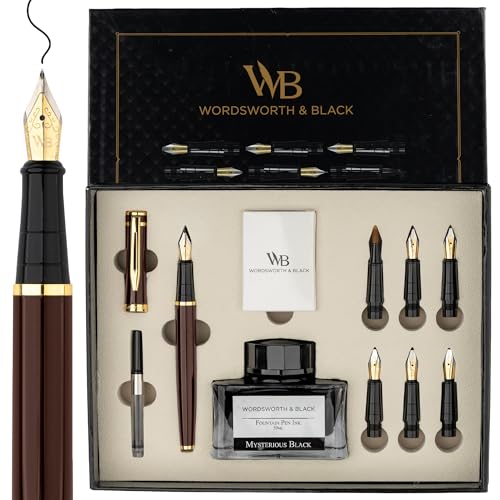 Wordsworth & Black Calligraphy Pen Gift Set, Includes Ink Bottle, 6 Ink Cartridges, A Refill Converter, 6 Replacement Nibs, Journaling, Smooth Writing Pens [Brown Gold] - color: Brown Gold