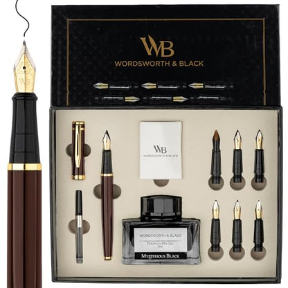 Wordsworth & Black Calligraphy Pen Gift Set, Includes Ink Bottle, 6 Ink Cartridges, A Refill Converter, 6 Replacement Nibs, Journaling, Smooth Writing Pens [Brown Gold] - color: Brown Gold