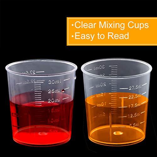 Coopay Plastic Graduated Cups Tools - 50 Pack 30ml/1oz Transparent Scale Measuring Cups, 50 Pack Wooden Stirring Sticks and 3ml Transfer Pipettes for Resin, Epoxy, Stain, Mixing Paint - size: 50pcs