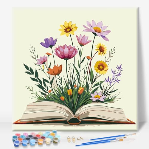 Camocin Framed Paint by Numbers Kit for Adults Beginner - Book and Wildflowers Paint by Number Canvas with Frame, Cottagecore DIY Acrylic Painting Kit for Book Lovers Home Wall Decor 10x10 Inch - color: Book Flower-02, size: 10x10 Inch