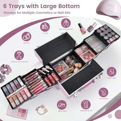 Frenessa Makeup Train Case Large Portable Cosmetic Case - 6 Tier Trays Professional Makeup Storage Organizer Box Make Up Carrier with Lockable keys - Pink - color: Pink