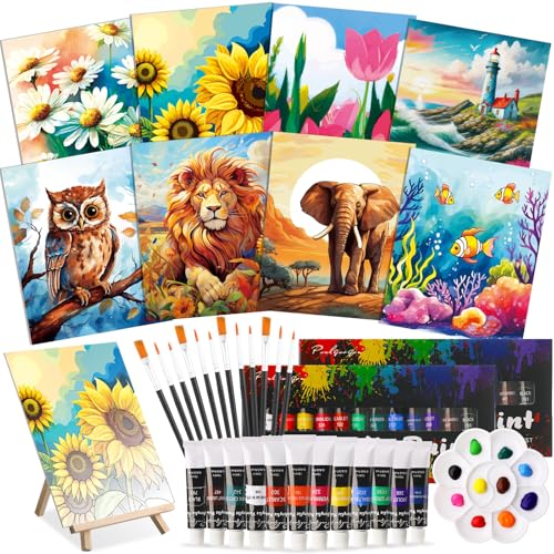 Cholemy 36 Pcs Paint and Sip Kit for Adults 8''x10'' Pre Drawn Canvas for Painting DIY Afro Acrylic Painting Kit Wood Easel Brushes Date Night Bulk for Summer 4th of July Party Gift(Plants Animals) - style: Plants Animals