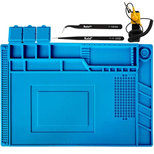 Kaisiking S-160 Silicone Repair Mat with Magnetic Feature, 2 ESD Tweezers and Anti-Static Wrist Strap for Electronics Soldering, 17.8 x 11.8 inch - color: 160 Soldering Mat Kit