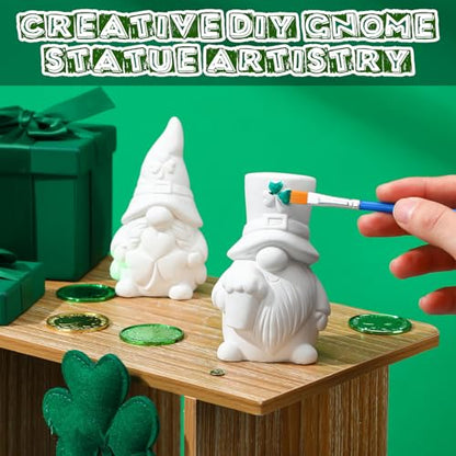 Poen 2 Pack Ready to Paint Your Own St. Patrick's Day Gnomes Statues, 4 Inches Mini Ceramics to Paint Unpainted Lucky Gnomes Tiered Tray Decor Crafts DIY for Home Table Decorations (Lucky Style) - style: Lucky Style