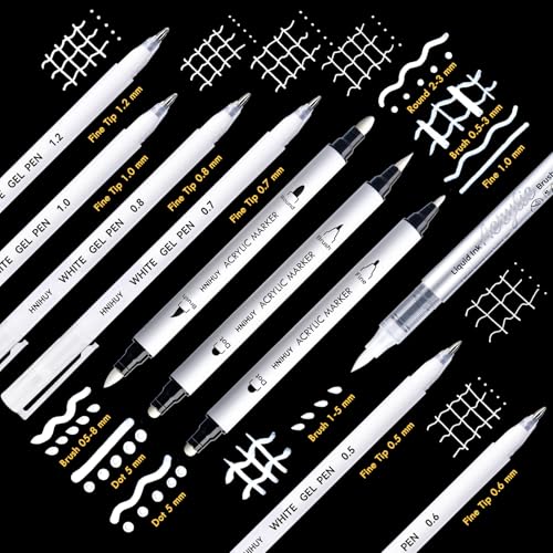White Acrylic Ink Pens for Drawing, Fine Point White Gel Pens, Fine, Round & Brush Tip Opaque Acrylic Markers for Black Paper Drawing, Sketching, Illustration, Card Making, Set of 10 - size: 10