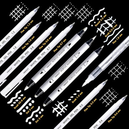 White Acrylic Ink Pens for Drawing, Fine Point White Gel Pens, Fine, Round & Brush Tip Opaque Acrylic Markers for Black Paper Drawing, Sketching, Illustration, Card Making, Set of 10 - size: 10