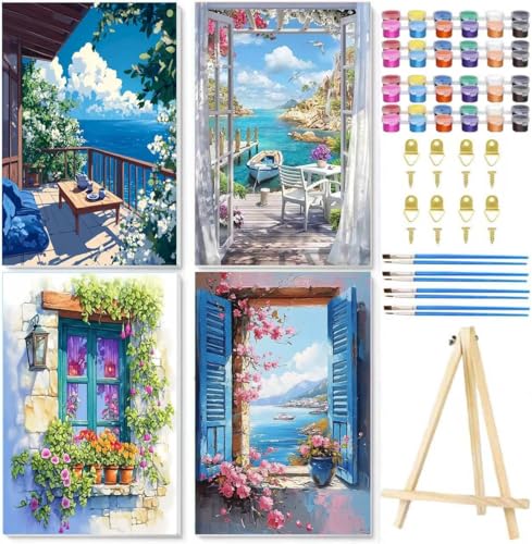 4 Pack Paint by Numbers for Adults with Framed Canvas - with Wooden Easel, Beach Paint by Number on Canvas, DIY Flower Landscape Acrylic Oil Painting Kits with Brushes for Home Wall Decor (8x12 inch) - color: 4pc Landscape