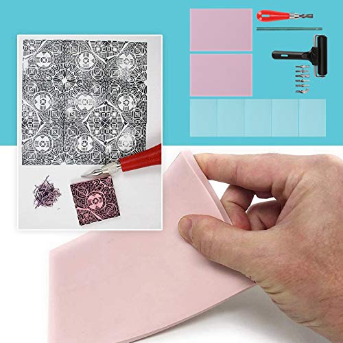 Rubber Carving Kit Stamp Block Making Set, Wireless Printmaking Art Craft Tools with 6 Cutter Blades, Engraving Kit for DIY Rubber Stamps and Soft Media
