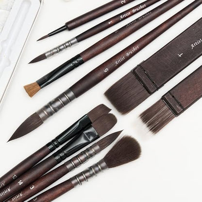 10 Pcs Watercolor Brush Set, Synthetic Hair with Wood Handle, Hake Round Flat Dagger Needle Cat Tongue for Acrylic Gouache Detail Painting