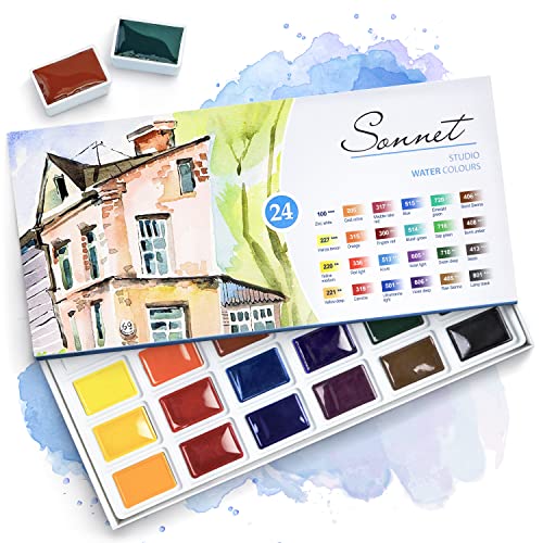 Sonnet Student Grade Watercolor Paint Set 24 Full Pans 2.5ml Vibrant Colors for Artists and Beginners in Cardboard Box by Nevskaya Palitra