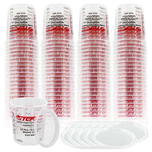 Custom Shop/TCP Global Full Case of 100 Cups with 50 Lids - 1/2 Pint (10oz) Paint Mixing Cups - Cups Have Calibrated Mixing Ratios on Side of Cup