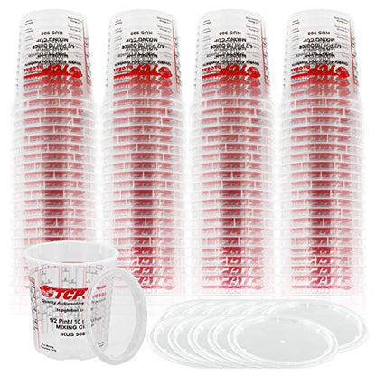 Custom Shop/TCP Global Full Case of 100 Cups with 50 Lids - 1/2 Pint (10oz) Paint Mixing Cups - Cups Have Calibrated Mixing Ratios on Side of Cup