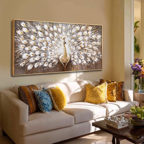 Framed Canvas Wall Art,White Peacock Bird Gold Pictures,Animal Beautiful Wall Decor Artwork for Bedroom Living Room Hallway 24"x48" - color: White and Gold, size: 48"L x 24"W