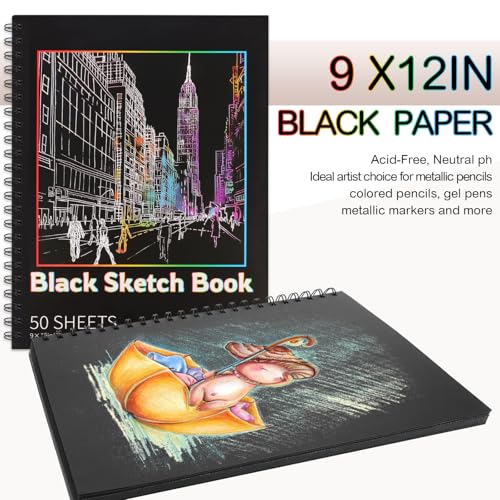 100 Sheets Black Paper Sketchbook(2 Pack), 108 lb/160gsm Heavyweight Black Sketch Pad 9×12in, Acid-Free Drawing Paper, Spiral Bound Sketch Book for Kids, Teens, Artist. - size: 9×12 Inch (2 Pack )