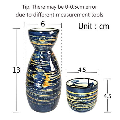 5 Pieces Japanese Sake Set 200ml Sake Bottle 50ml Saki Cup Set Traditional Hand Painted Design Porcelain Pottery Ceramic Soju Cups Sake Glasses (Blue Wise)