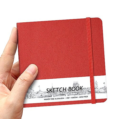 qianshan 5" x 5" Hardcover Sketch Book,Small Mixed Media Sketch Pad,58 Sheets 150GSM Acid-Free Artist Drawing Paper,Travel Journal Blank Notebook for Adults Painting,Illustration,Art Supplies.Red - color: 150gsm PU-red