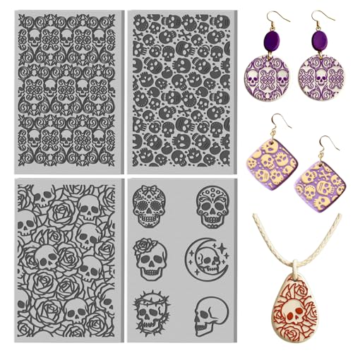 4 Sheets Retro Skull Clay Texture Mat Easter Rose Polymer Clay Texture Sheets DIY Tools for Pottery Earring Jewelry Making Stamp Engraving Machines, 3.9x2.6inch - style: Retro Skull
