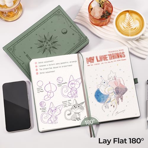 EMSHOI Dotted Journal Notebook, 320 Pages, A5 Small 5.75"x8.38", PU Leather Hardcover, 100 GSM Thick Paper, 5mm Dot Grid Notebook for Journaling, Planning, Drawing, Writing, Green - color: Green, size: A5 Dotted