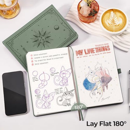 EMSHOI Dotted Journal Notebook, 320 Pages, A5 Small 5.75"x8.38", PU Leather Hardcover, 100 GSM Thick Paper, 5mm Dot Grid Notebook for Journaling, Planning, Drawing, Writing, Green - color: Green, size: A5 Dotted