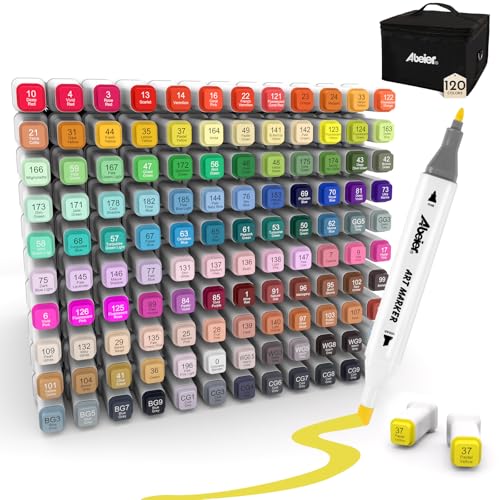 ABEIER Alcohol Markers, 120 Colors Dual Tip (Fine & Chisel) Art, Coloring Markers for Adults Kid, Ideal for Book Drawing Sketching Painting, Card Making, Includes 1 Colorless Blender