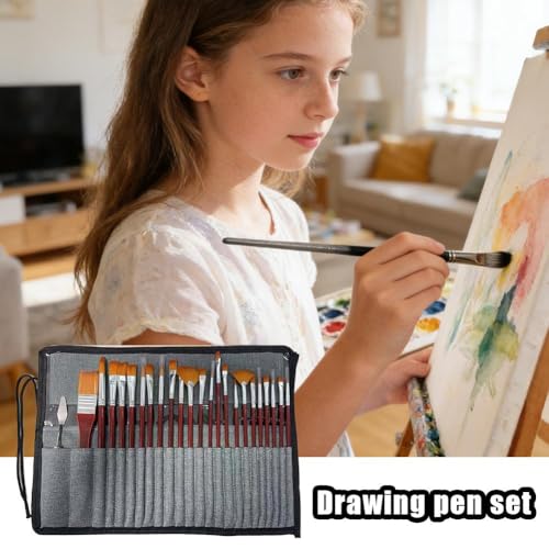24 Pieces Professional Paint Brush Set for Acrylic Oil Watercolor Gouache Painting, Nylon Bristles, Ergonomic Handles