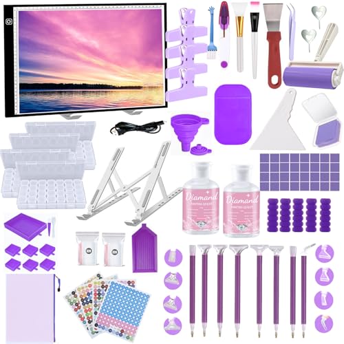 NLXCXUCY 244Pcs Diamond Art Accessories Kit All-Inclusive Diamond Painting Tool Set with A3 Diamond Painting Light Pad,Diamond Art Sealer Glue, Diamond Correction Pens, Storage Box for DIY Craft - color: Purple, size: A3