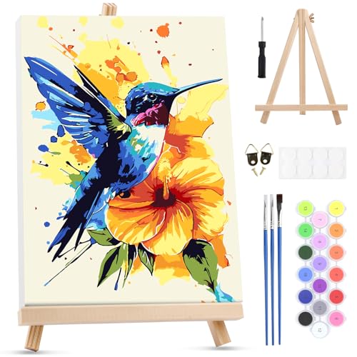 MXJSUA Hummingbird Flower Paint by Numbers Kit with Frame for Adults, Easy Beginners Paint by Number on Canvas with Easel, Acrylic Number Painting Craft Gifts for Home Decor, 8x12 inch - color: Hummingbird Flower