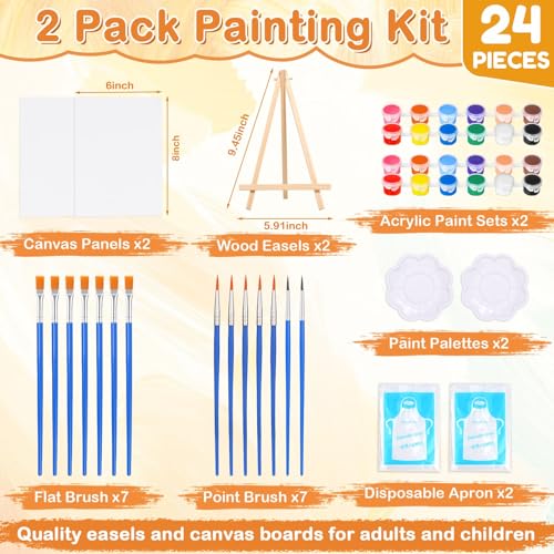 24 PCS Acrylic Paint Set, 2Pack Art Canvas with Easel Stand, 12 Acrylic Paints, 14 Brushes, Palettes, Aprons -Beginner Painting Kit, Mini Painting Canvas with Easel Set, Painting Kits for Adults Party - color: Vibrant Colors-2 pack