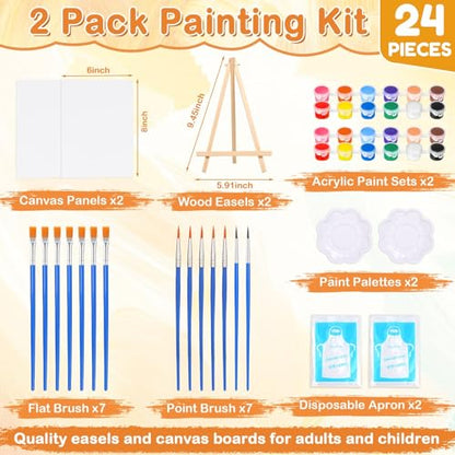 24 PCS Acrylic Paint Set, 2Pack Art Canvas with Easel Stand, 12 Acrylic Paints, 14 Brushes, Palettes, Aprons -Beginner Painting Kit, Mini Painting Canvas with Easel Set, Painting Kits for Adults Party - color: Vibrant Colors-2 pack