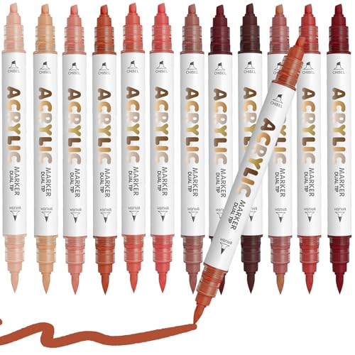 Reddish Brown Acrylic Paint Pens, Water Based 12 Colors Dual Tip Acrylic Paint Markers for Rock Painting Wood, Glass, Ceramic, Canvas, Fabric, Stone, DIY Crafts Making Art Supplies - color: Reddish Brown Series