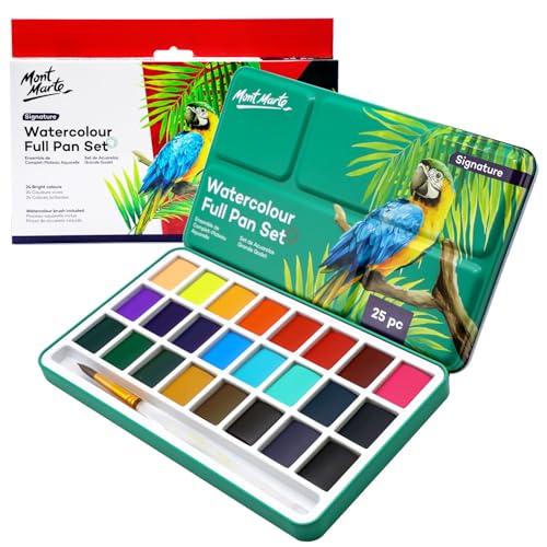 Mont Marte Watercolor Full Pan Set Signature 25pc, Watercolor Paint Set Featuring 24 Full Pan Colors and Round Brush, Includes Study Travel Tin and Four Mixing Wells