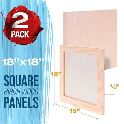 U.S. Art Supply 18" x 18" Unfinished Cradled Wood Panels for Painting, Studio 3/4" Deep (2 Pack) - Artist Depth Birch Wooden Wall Canvases - Mixed-Media Craft, Acrylic, Oil, Encaustic, Paint Pouring - size: 18" x 18", style: Square