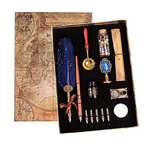 Joyeee Feather Calligraphy Pen Set, Dip Pen Calligraphy Set Include Sealing Wax Beads, Wax Spoon, Replacement Nibs for Writing, Journaling, Drawing, Signature, Wedding, Retro Decoration Gift - color: #100 Blue feather pen set