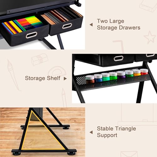 ZENY Adjustable Drafting Table with Stool, Tilting Drawing Desk Artist Table with Storage Drawers, Art Craft Workstation for Home Office Reading, Writing, Crafting (Black-with Outlet) - color: Black-with Outlet