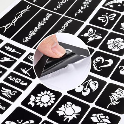 12 Temporary Tattoo Stencils,142 PCS Henna Stencils Reusable Tattoo Stencils for Face Body Art Painting for Women Men Adults Kids - color: 12 sheets, 142 pcs