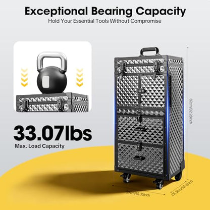 Rolling Lockable Makeup Train Case, Black Rolling Makeup Case | Large Trolley Storage Case Lockable | Trolley Professional Cosmetic Organizer Box | with Hair Dryer Holder&Scissors Buckles