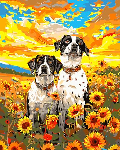 Yunnuo Dog Paint by Numbers Kit for Adults Beginners,Sunflower Acrylic Adult Paint by Number Kits on Canvas, Animals and Sunset Digital Oil Painting by Numbers for Home Decor Gifts 16"x20" - color: A-021-Dog and Sunflowers