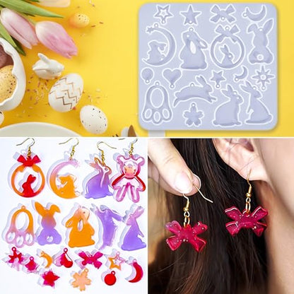 15 Pairs Easter Resin Molds for Earrings, Easter Bunny Earring Molds Silicone Egg Resin Epoxy Casting Ornament Silicone Molds with 200pcs Earring Hook for Keychain Jewelry Pendant DIY Craft Supplies - color: Easter 4pcs