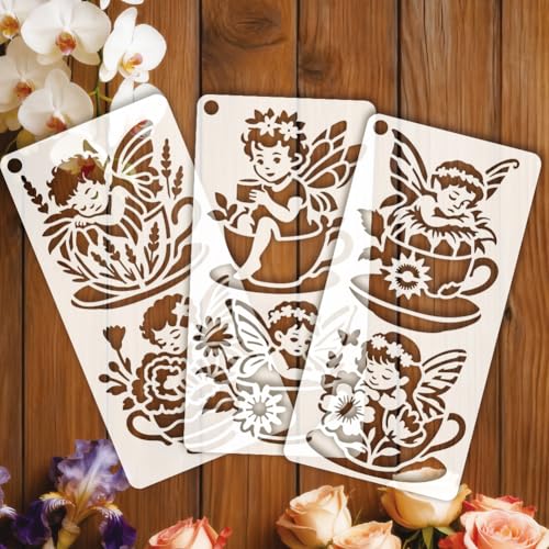 12 Sheets Teacup Fairy Stencils for Painting, 12 Styles Plastic Tea Time Drawing Template Flower Wing Butterfly Art Templates for Painting on Wall Wood Home Decor - style: Teacup Fairy