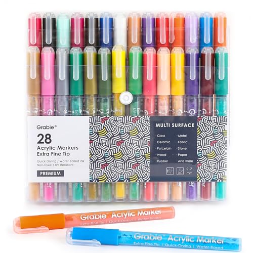 Grabie Acrylic Paint Pens Markers, 28 Colors, 0.7 mm, Extra Fine Tip Drawing Markers, Premium Paint Pens for Painting on Various Surface, Art Supplies, Set of 28 - color: 28 Colors Extra Fine Tip Acrylic Markers