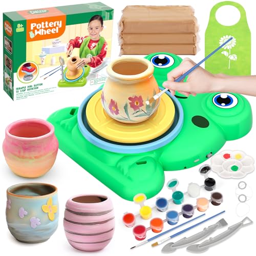 Aujazyble Pottery Wheel for Kids - Complete Pottery Painting Kit Arts and Crafts for Kids Ages 8-12 with 3 Pack Air Dry Clay Art Supplies Toys for Girls Boy Birthday Gift for 6 7 8 9 10 11 12+ - color: Green