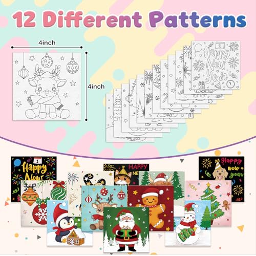 Anseal 12 Packs Pre Drawn Canvas to Paint, 4" X 4" Merry Christmas Happy New Year Pre-Printed Canvas Paint Party, Stretched Outline Painting Boards for Beginners, Party Favor - style: Christmas