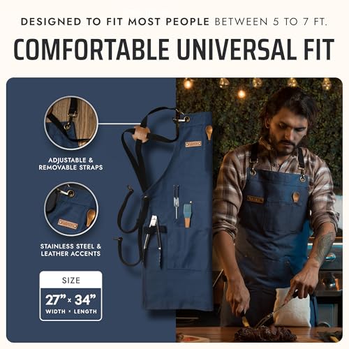 Asaya Chef and BBQ Apron with Bottle Opener and Hand Towel - 10oz Cotton Canvas, Stainless Steel Hardware - Cross Back Straps - color: Blue