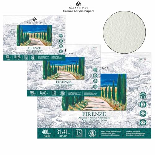 Magnani 1404 Firenze 100% Cotton Acrylic Paint Paper Pad, 12x16 188 lb. 15 Heavyweight Sheets, Rough Texture, Vegan Sizing, Natural White Acrylic Paper Pad for Acrylic, Gouache, Ink & Watercolor - size: 12x16"