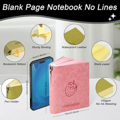 Dreamdove Thick Blank Notebook Journal 400 Pages With Pen Holder ,100gsm Thick Color Paper,A6 Unlined Plain Sketchbook , Hardcover Soft Leather Cover,No Lines Drawing Memo Diary Writing Art Notepad 3.9 × 5.5 (Strawberry-Pink) - size: Pink-STRAWBERRY
