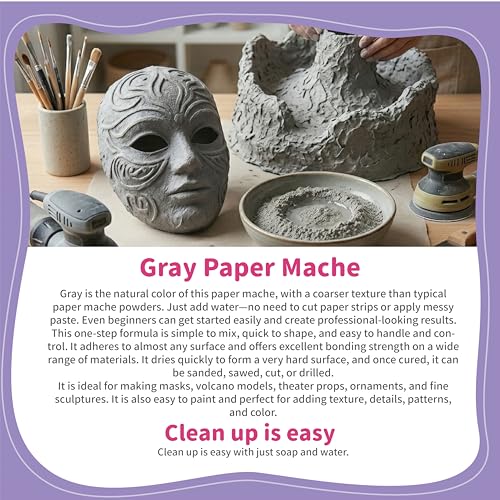 Modoh Paper Mache Clay, Just Add Water – 2 Pack (500g Total), Easy Sculpting Paper Mache Powder for Volcano Projects, School Crafts, DIY Sculpture, Fast Drying, Paintable, Non-Toxic Craft Material - color: Gray