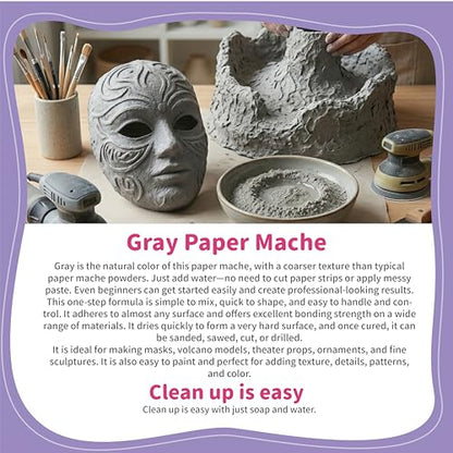 Modoh Paper Mache Clay, Just Add Water – 2 Pack (500g Total), Easy Sculpting Paper Mache Powder for Volcano Projects, School Crafts, DIY Sculpture, Fast Drying, Paintable, Non-Toxic Craft Material - color: Gray